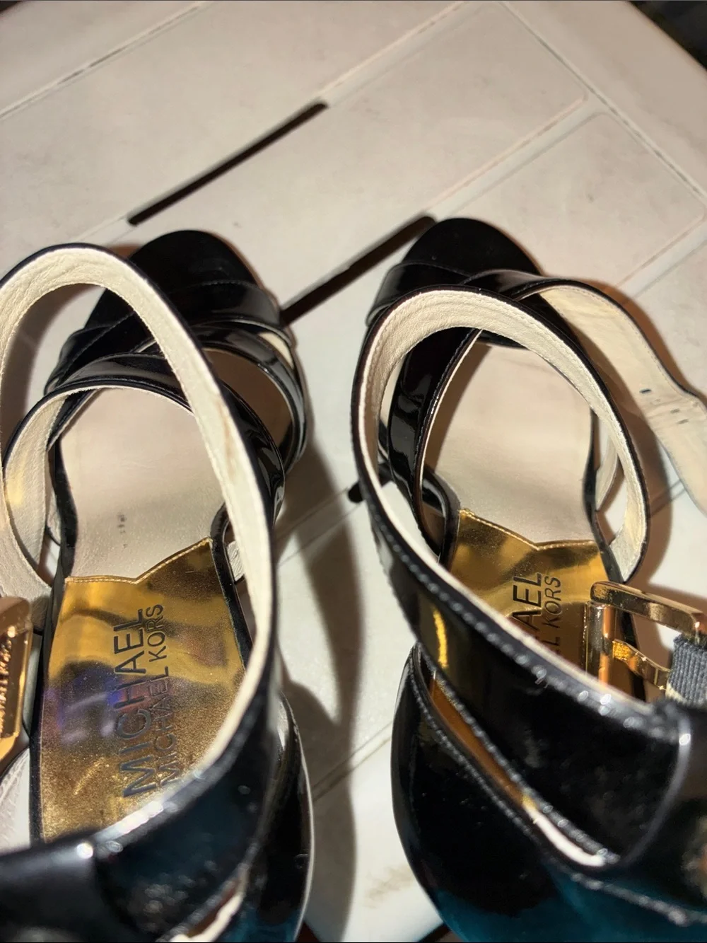 Michael Kors Black Patent Crisscross Heel Sandals